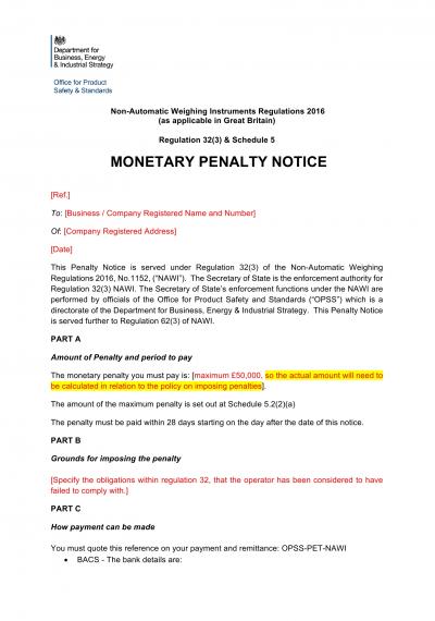 Non-Automatic Weighing Instruments Regulations 2016 reg.32: NI monetary penalty notice