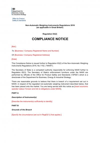 Non-Automatic Weighing Instruments Regulations 2016 reg.63: NI OPSS compliance notice