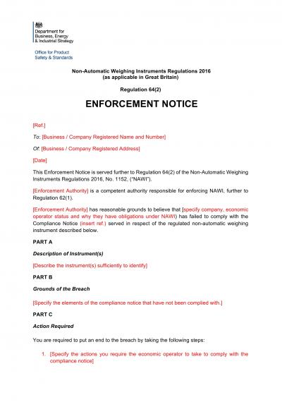 Non-Automatic Weighing Instruments Regulations 2016 reg.64: NI TS enforcement notice