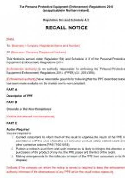 Personal Protective Equipment (Enforcement) Regulations 2018 reg.5: NI recall notice