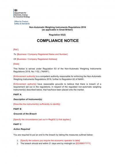 Non-Automatic Weighing Instruments Regulations 2016 reg.63: GB TS compliance notice