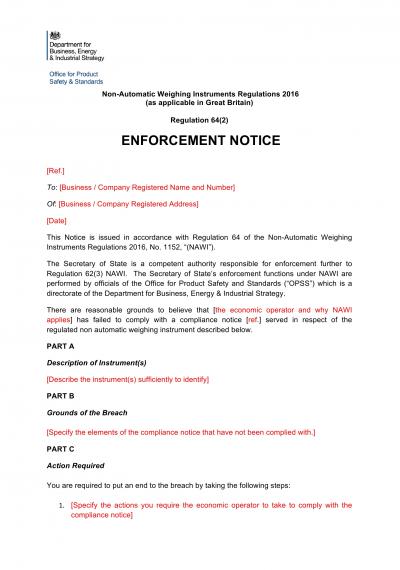 Non-Automatic Weighing Instruments Regulations 2016 reg.64: GB OPSS enforcement notice