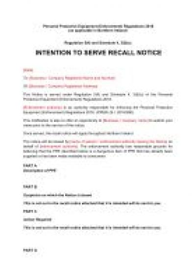 Personal Protective Equipment (Enforcement) Regulations 2018 reg.5: NI intention to serve recall notice