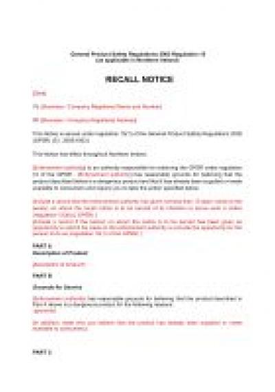 General Product Safety Regulations 2005 (GPSR) reg.15: NI recall notice