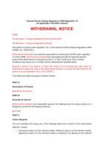 General Product Safety Regulations 2005 (GPSR) reg.14: NI withdrawal notice