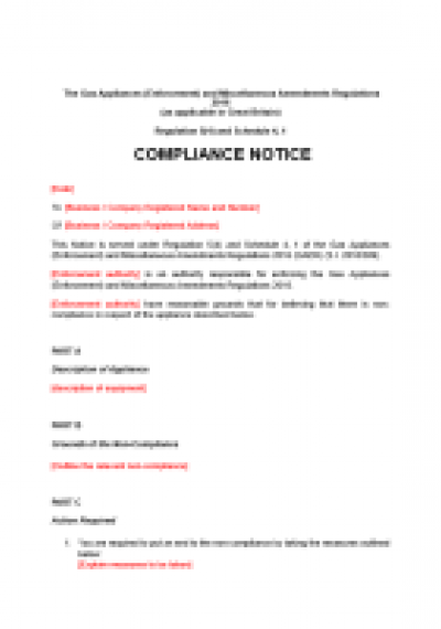 Gas Appliances (Enforcement) and Miscellaneous Amendments Regulations 2018 reg.5: compliance notice