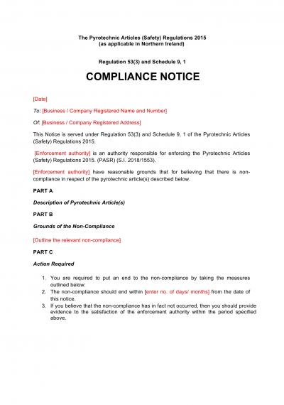 Pyrotechnic Articles (Safety) Regulations 2015 reg.54: NI compliance notice
