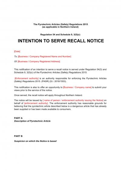 Pyrotechnic Articles (Safety) Regulations 2015 reg.54: GB intention to serve recall notice