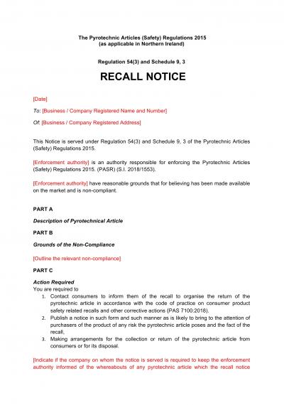 Pyrotechnic Articles (Safety) Regulations 2015 reg.54: NI recall notice