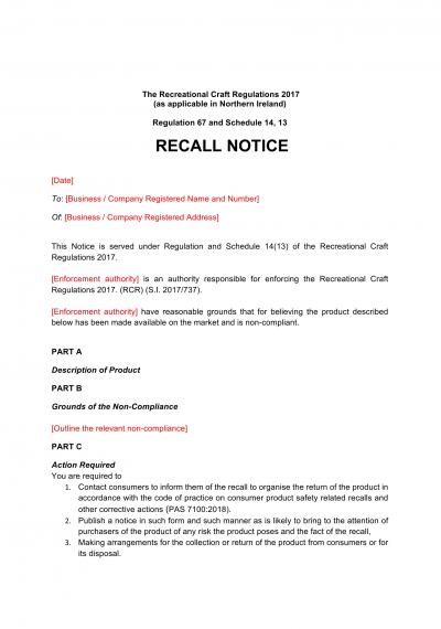 Recreational Craft Regulations 2017 reg.67: GB recall notice