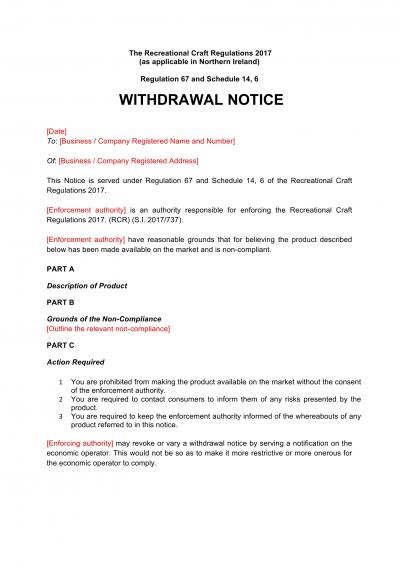 Recreational Craft Regulations 2017 reg.67: NI withdrawal notice