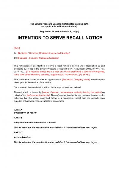 Simple Pressure Vessels (Safety) Regulations 2016 reg.56: NI intention to serve recall notice