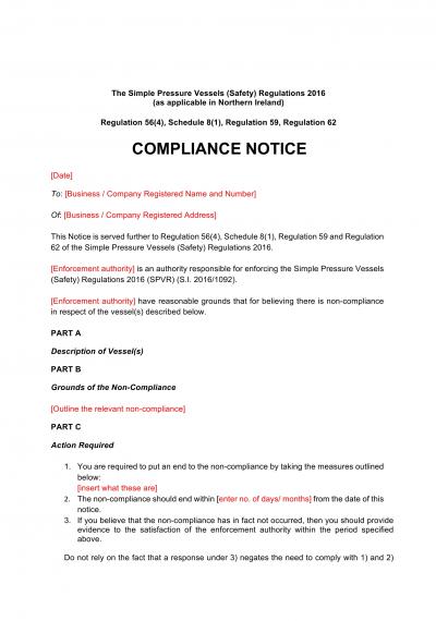 Simple Pressure Vessels (Safety) Regulations 2016 reg.56: NI compliance notice