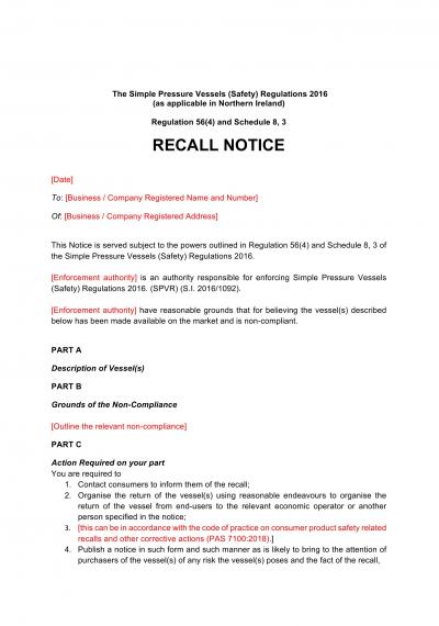 Simple Pressure Vessels (Safety) Regulations 2016 reg.56: NI recall notice