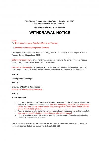 Simple Pressure Vessels (Safety) Regulations 2016 reg.56: NI withdrawal notice