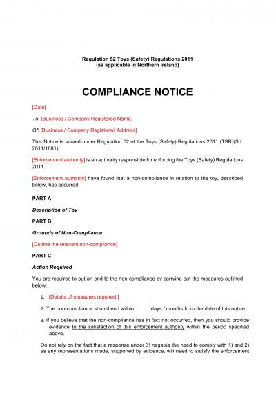 Toys (Safety) Regulations 2011 reg.52: NI compliance notice