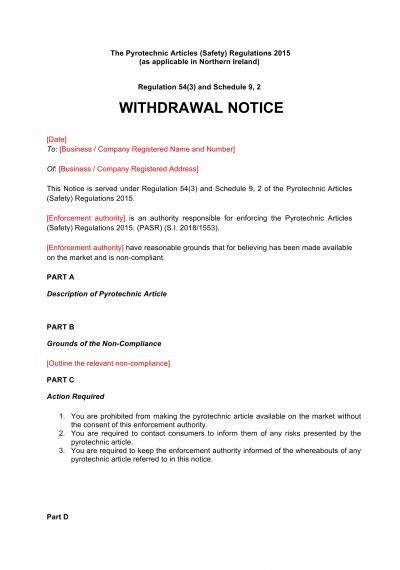 Pyrotechnic Articles (Safety) Regulations 2015 reg.54: NI withdrawal notice