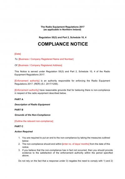 Radio Equipment Regulations 2017 reg.55: NI compliance notice