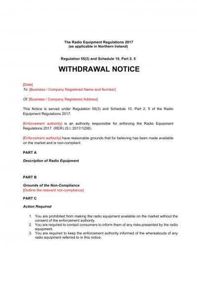 Radio Equipment Regulations 2017 reg.55: NI withdrawal notice