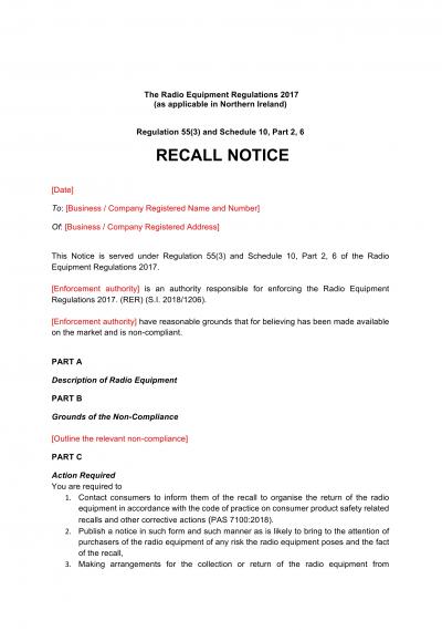 Radio Equipment Regulations 2017 reg.55: GB recall notice