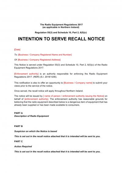 Radio Equipment Regulations 2017 reg.55: NI intention to serve recall notice