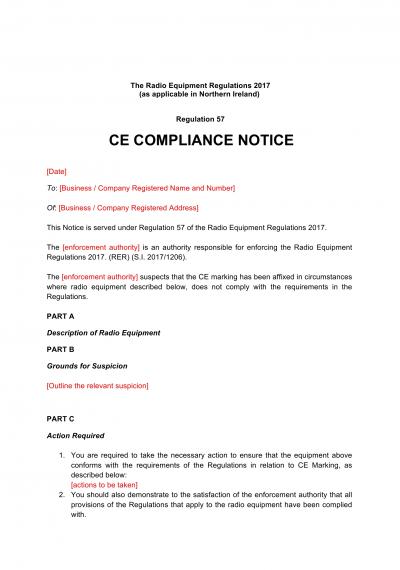 Radio Equipment Regulations 2017 reg.57: NI CE mark compliance notice