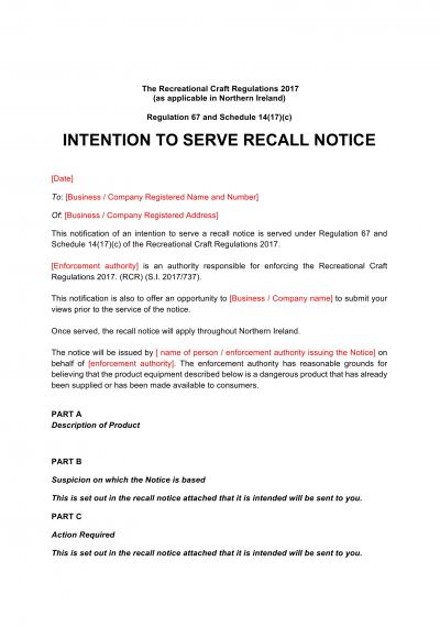 Recreational Craft Regulations 2017 reg.67: GB intention to serve recall notice
